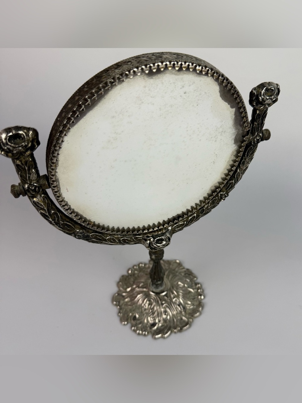 VTG MCM Hollywood Regency Swivel Vanity Mirror Ornate Floral Base